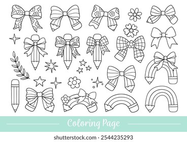 Draw vector illustration coquette pencil bow For back to school Classroom activity Printable coloring page