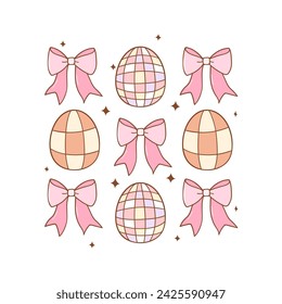 Draw vector illustration coquette pink bow with disco easter eggs Rerto design Printable sublimation for shirt Doodle style