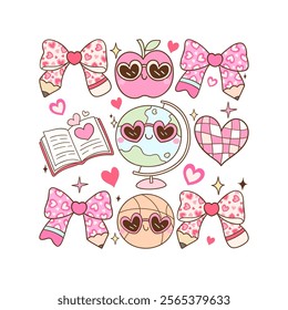 Draw vector illustration coquette teacher valentine Trendy retro groovy Love vibes Printable for shirt Doodle cartoon style