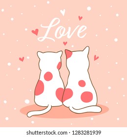 Draw vector illustration couple love of cat sweet for Valentine's day on pastel color.Doodle cartoon style.