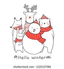 Draw vector illustration cute animal rabbit bear deer fox with beauty red scarf for Christmas and new year.Doodle cartoon style.