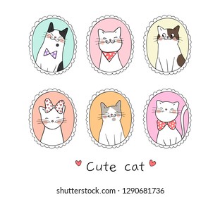 Draw vector illustration cute animal collection cat in sweet frame.Doodle cartoon style.