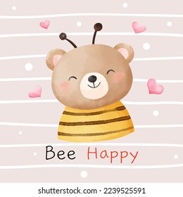 Draw vector illustration cute bee bear for spring and summer Printable kids Watercolor style