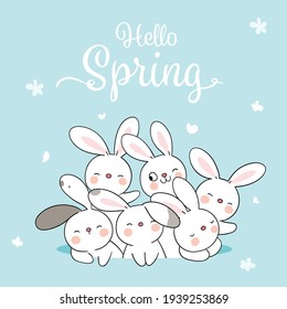 Draw vector illustration cute bunny for Easter and spring concept on blue pastel Cartoon style