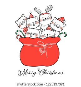 Draw vector illustration cute cat in red bag Santa Claus for Christmas and new year.Doodle cartoon style.