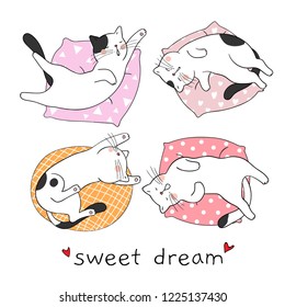 Draw vector illustration cute cat happy to sleep and sweet dream pastel color.Doodle cartoon style.