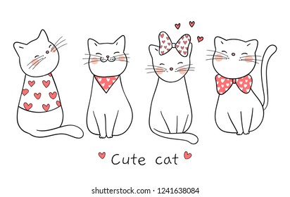 Draw vector illustration cute cat with little heart for Valentine day.Isolated on white.Doodle cartoon style.