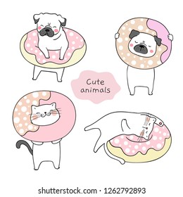 Draw vector illustration cute cat and pug dog with sweet donut.Isolated on white.Doodle cartoon style.