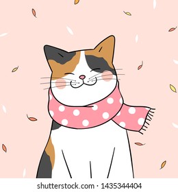 Draw vector illustration cute cat with beauty scarf on sweet pastel for autumn season.Doodle cartoon style.