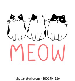 Draw vector illustration cute cat with word meow.Doodle outline style.