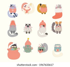 Draw a vector illustration of a cute cat banner in a sweater and warm clothes. Cats drink tea, meet the winter. For New Year and Christmas.Doodle in cartoon style.