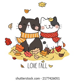 Draw vector illustration cute cat with fall leaves For autumn season Doodle cartoon style