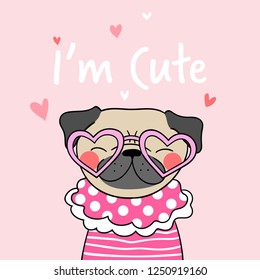 Draw vector illustration cute pug with glasses heart shape on sweet pink pastel.Doodle cartoon style.