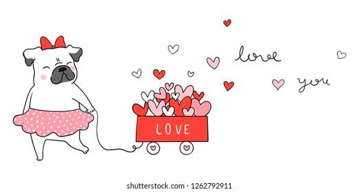Draw vector illustration cute pug dog with little heart cat in cart for Valentine's day.Isolated on white.Doodle cartoon style.