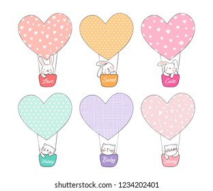 Draw vector illustration cute rabbit and cat in balloon,heart shape sweet color for valentine day.Doodle cartoon style.