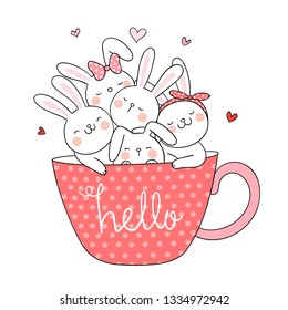 Draw vector illustration cute rabbit in cup of coffee.Isolated on white.Doodle style.