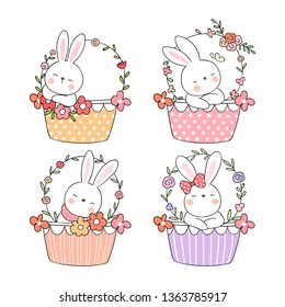 Draw vector illustration cute rabbit in sweet basket flower for Easter day in spring season.Isolated on white.Doodle cartoon style.