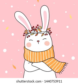 Dibuja ilustración vectorial lindo conejo con pañuelo de belleza en pastel dulce para la temporada de otoño. Estilo caricatura de Doodle.