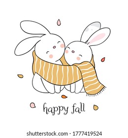 Draw vector illustration cute rabbit in yellow scarf for autumn season.Doodle cartoon style.