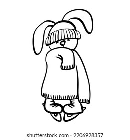 Draw vector illustration cute rabbit, bunny on skates. Symbol 2023 year. Doodle style.