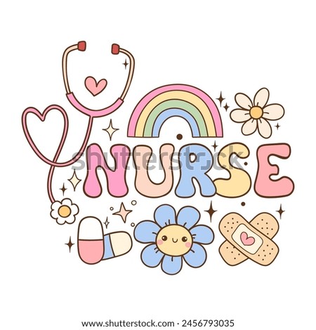 Draw vector illustration cute retro pink nurse Groovy nurse day Trendy sublimation shirt Doodle cartoon style