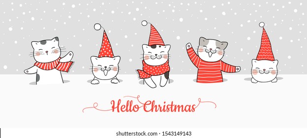 Draw vector illustration design banner cute cat in snow for Christmas and new year.Doodle cartoon style.