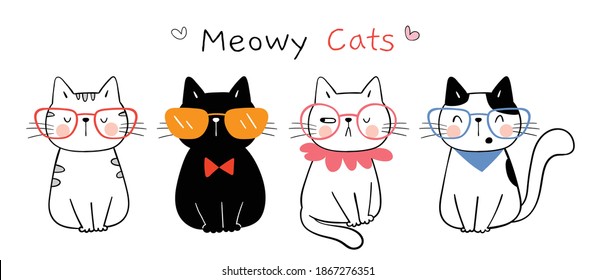 Draw vector illustration design banner funny cat.Doodle cartoon style.