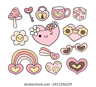 Draw vector illustration design banner trendy groovy valentine For hippy vintage stickers Cards Poster