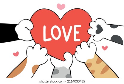 Draw Vector Illustration Design Cat Paw With Red Heart For Valentine Doodle Cartoon Style