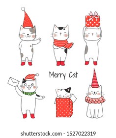 Dibuja ilustración vectorial colección de adorables gatos para Navidad y año nuevo. Aislado en blanco. Estilo de caricatura Doodle.