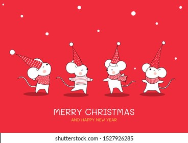 Draw vector illustration design collection cute mouse for Christmas and new year 2020 on red color .Greeting card and banner Year of the rat.Doodle cartoon style.