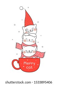 Draw vector illustration design cute cat in red cup of coffee for Christmas and new year.Isolated on white.Doodle cartoon style.