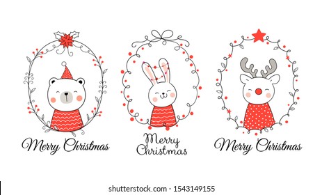 Draw vector illustration design cute animal in wreath for Christmas and new year.Doodle cartoon style.