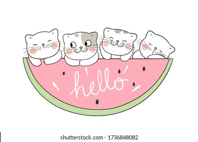 Draw vector illustration design cute cat with watermelon on white for summer holiday.Doodle cartoon style.