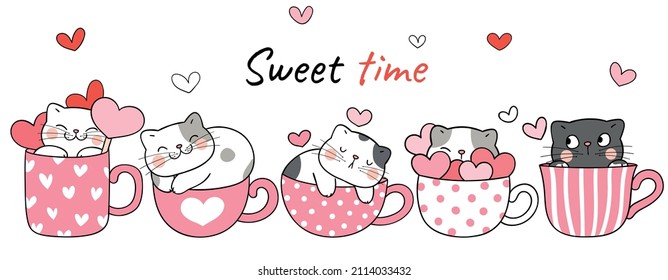 Draw vector illustration design cute cat in sweet coffee cup for valentines day Doodle cartoon style