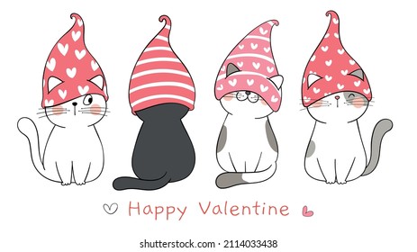 Draw vector illustration design cute cat with gnome hat for valentines day Doodle cartoon style