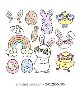 Draw vector illustration design cute doodle groovy easter Retro spring For hippy vintage stickers Cards Poster