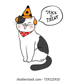 Draw vector illustration design cute cat for Halloween day creepy horror and speech bubble trick or treat.Doodle cartoon style.