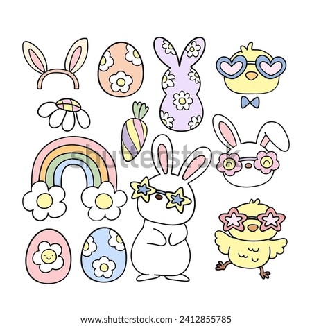 Draw vector illustration design cute doodle groovy easter Retro spring For hippy vintage stickers Cards Poster