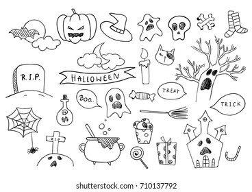 Draw vector illustration design element icon for decorate Halloween day sketch outline .Doodle style.