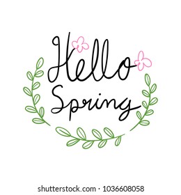 Draw vector illustration design font Hello Decorate for spring season. Doodle cartoon style.