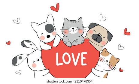 Draw vector illustration design happy animals cat dog bunny with heart for valentine Doodle cartoon style