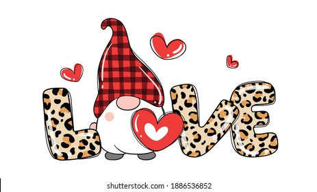 Draw vector illustration design leopard love gnomes for valentine day.Cartoon style.