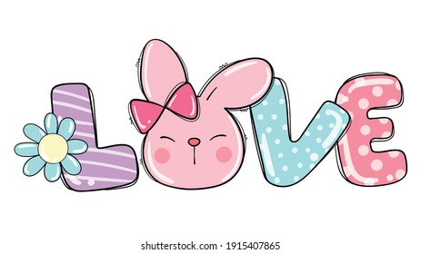 Draw vector illustration design love Easter bunny in spring season. Cartoon style.