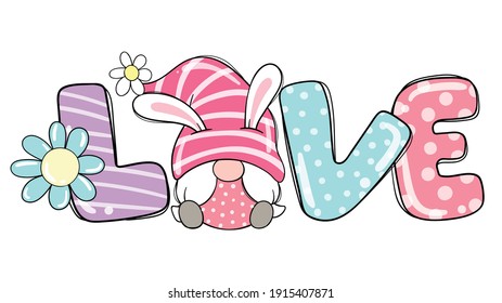 Draw vector illustration design love girl gnome bunny in spring season Cartoon style