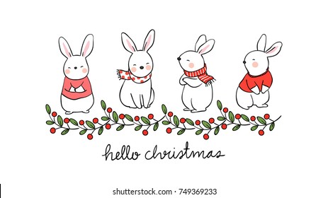 Draw vector illustration design nature leaves and cute rabbit with beauty sweater and scarf wording hello Christmas for decorate.Doodle cartoon style.