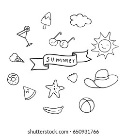 Draw vector illustration design outline element set summer.Doodle style.