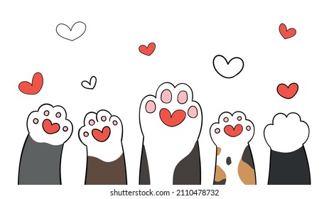 Draw Vector Illustration Design Paw Animals Cat Dog With Heart For Valentine Doodle Cartoon Style