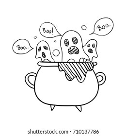 Draw vector illustration design sketch outline ghost in boiling cauldron for Halloween day boo in speech bubble.Doodle cartoon style.