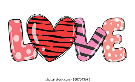 Draw vector illustration design sweet love with red heart for valentine day.Graphic printable shirt.